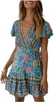 ZESICA Women’s V Neck Floral Print Beach Mini Dress